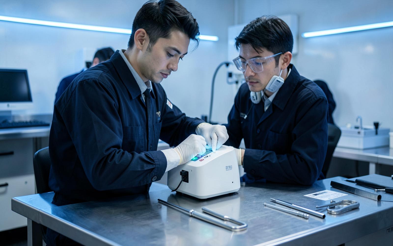 Service technicians checking a laser device on a workshop bench
